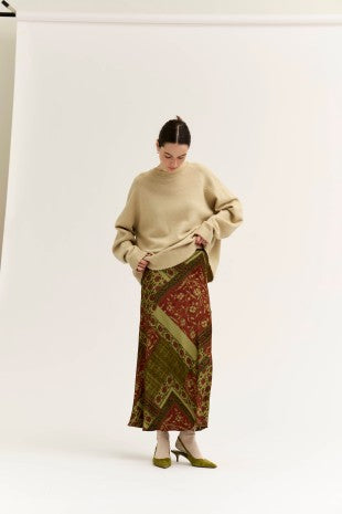 FLORAL SATIN SLIP SKIRT--BURGUNDY/OLIVE MIX