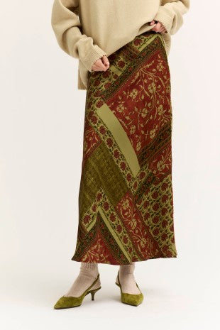FLORAL SATIN SLIP SKIRT--BURGUNDY/OLIVE MIX