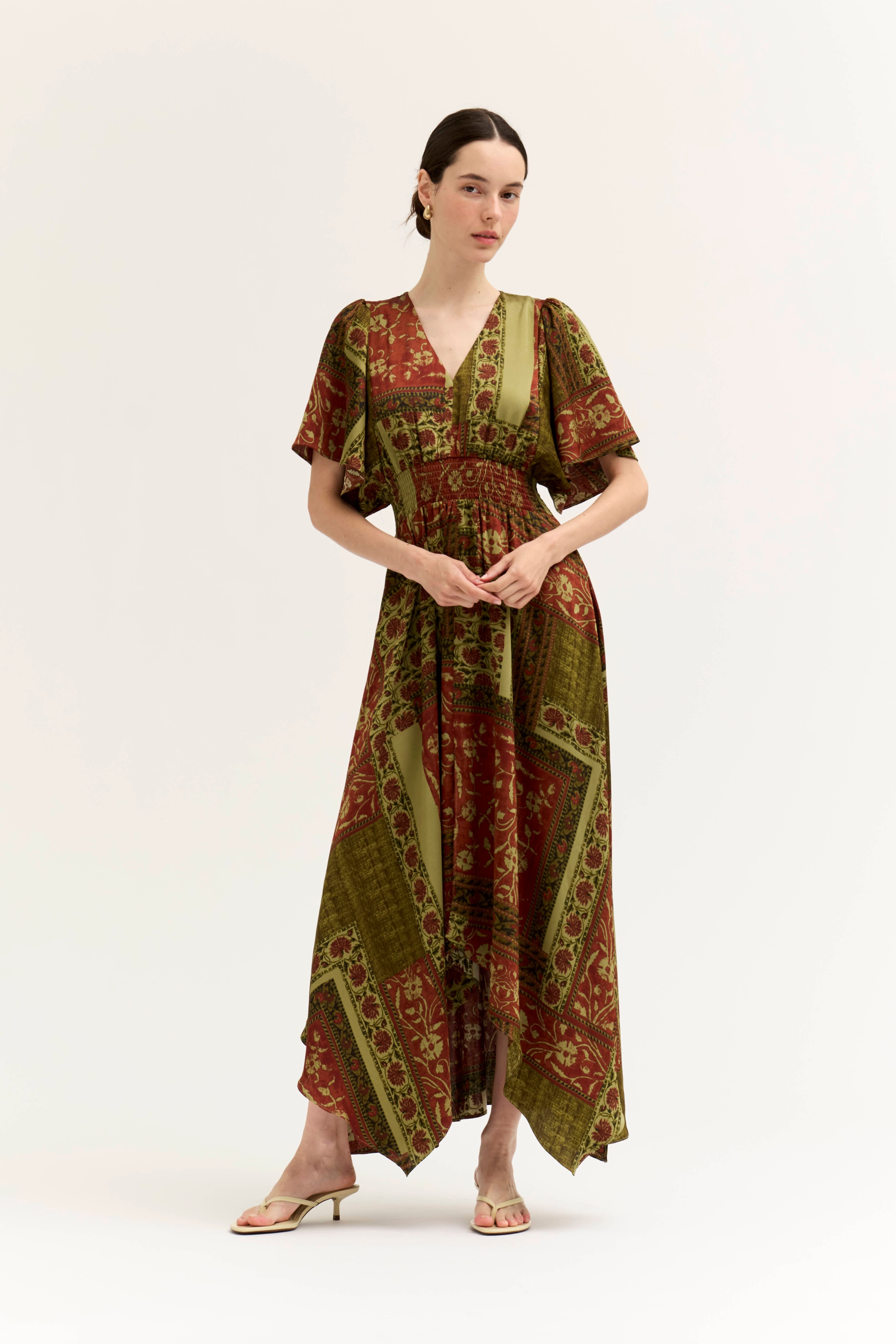 SATIN UNBALANCED MAXI DRESS--RED/BRWON