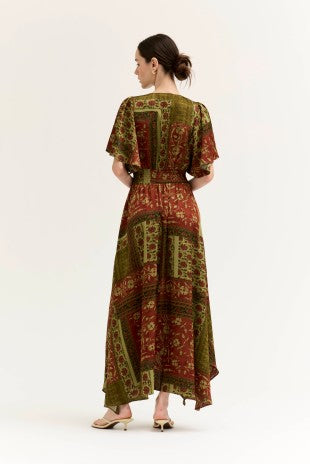SATIN UNBALANCED MAXI DRESS--RED/BRWON