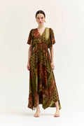 SATIN UNBALANCED MAXI DRESS--RED/BRWON
