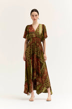 SATIN UNBALANCED MAXI DRESS--RED/BRWON