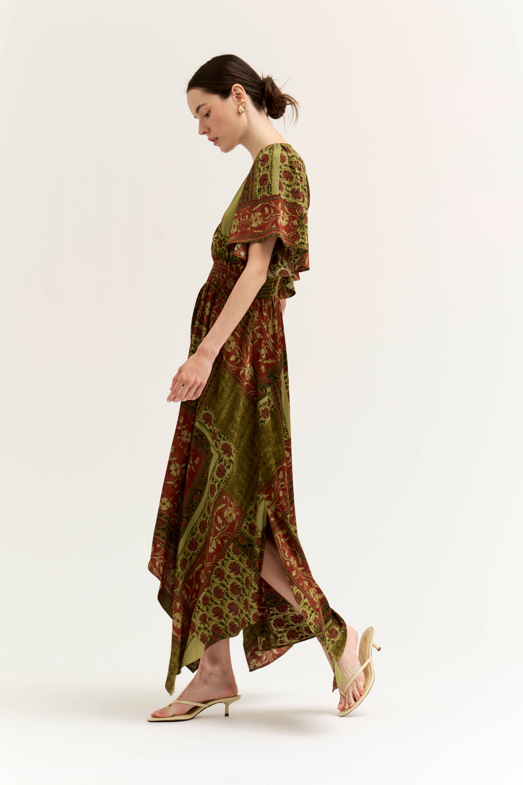 SATIN UNBALANCED MAXI DRESS--RED/BRWON