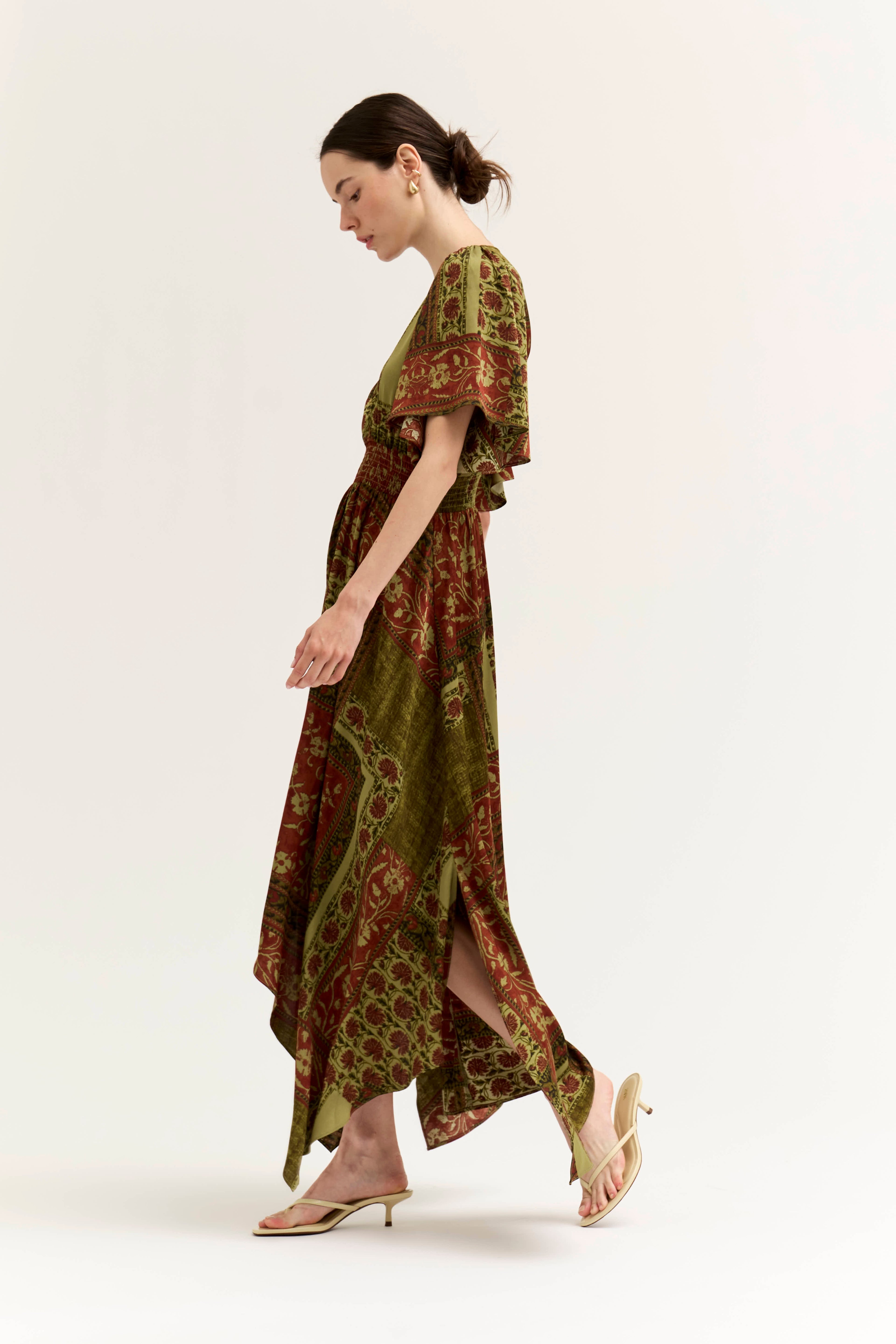 SATIN UNBALANCED MAXI DRESS--RED/BRWON