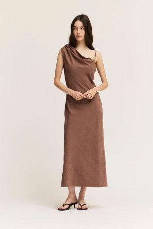 ONE SIDE OFF SHOULDER MAXI DRESS--CHOCOLATE