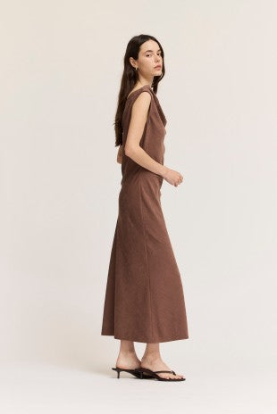 ONE SIDE OFF SHOULDER MAXI DRESS--CHOCOLATE