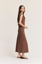 ONE SIDE OFF SHOULDER MAXI DRESS--CHOCOLATE