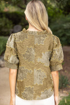 RUFFLED TEXTURED BURNOUT VELVET TOP--OLIVE