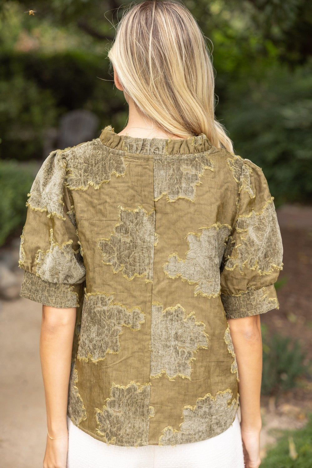 RUFFLED TEXTURED BURNOUT VELVET TOP--OLIVE