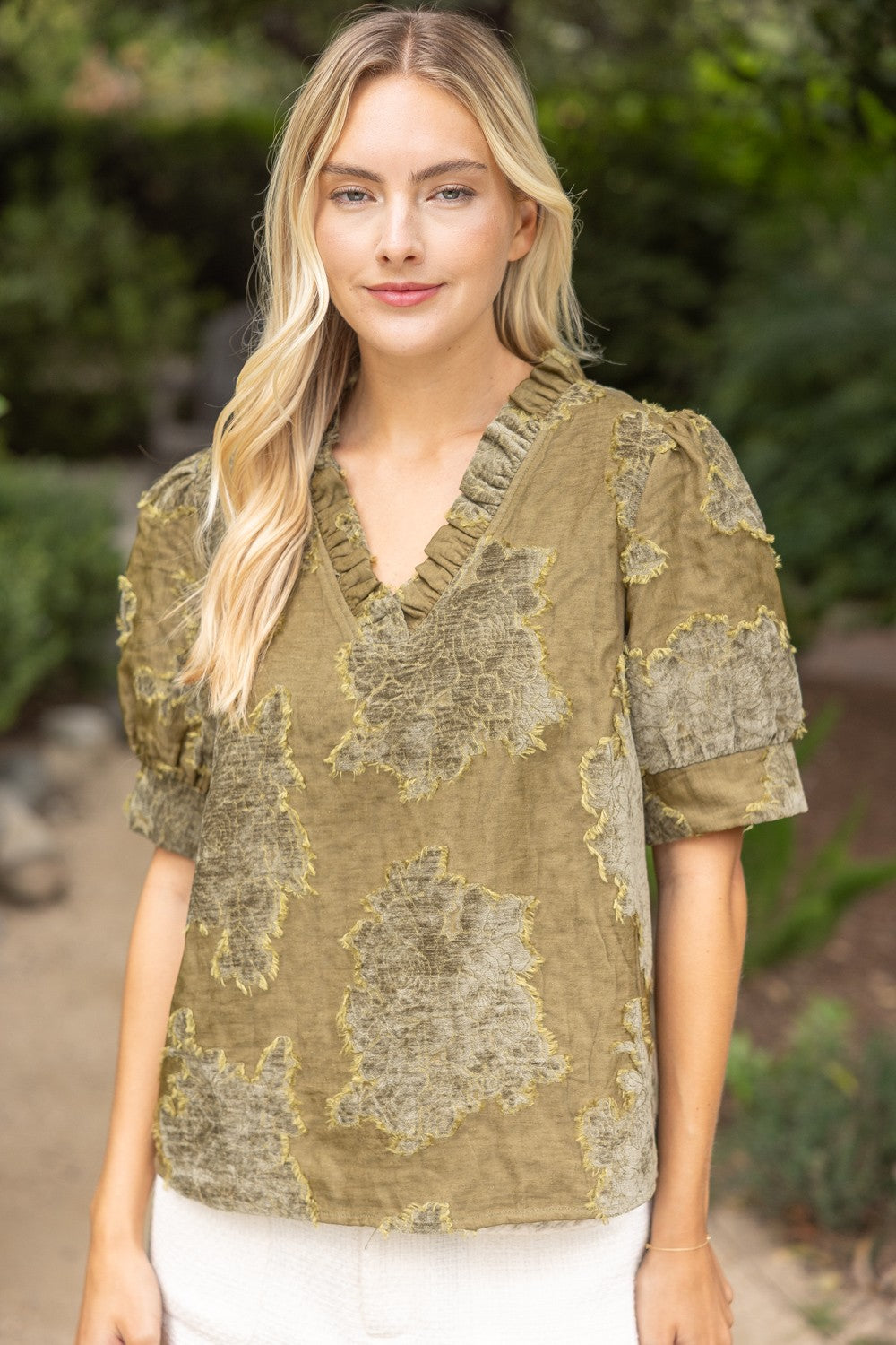 RUFFLED TEXTURED BURNOUT VELVET TOP--OLIVE