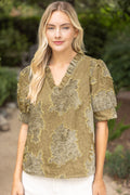 RUFFLED TEXTURED BURNOUT VELVET TOP--OLIVE