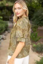 RUFFLED TEXTURED BURNOUT VELVET TOP--OLIVE