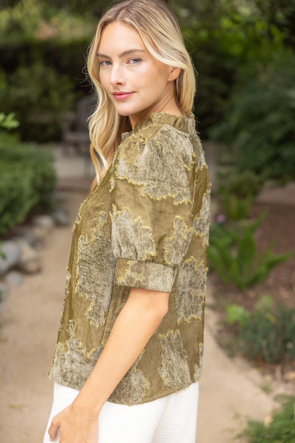 RUFFLED TEXTURED BURNOUT VELVET TOP--OLIVE