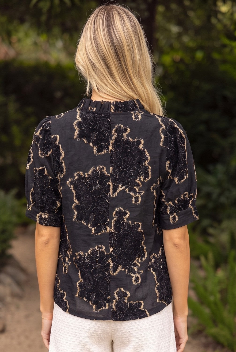 RUFFLED TEXTURED BURNOUT VELVET TOP--BLACK