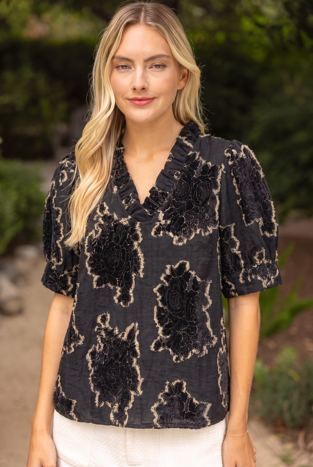 RUFFLED TEXTURED BURNOUT VELVET TOP--BLACK