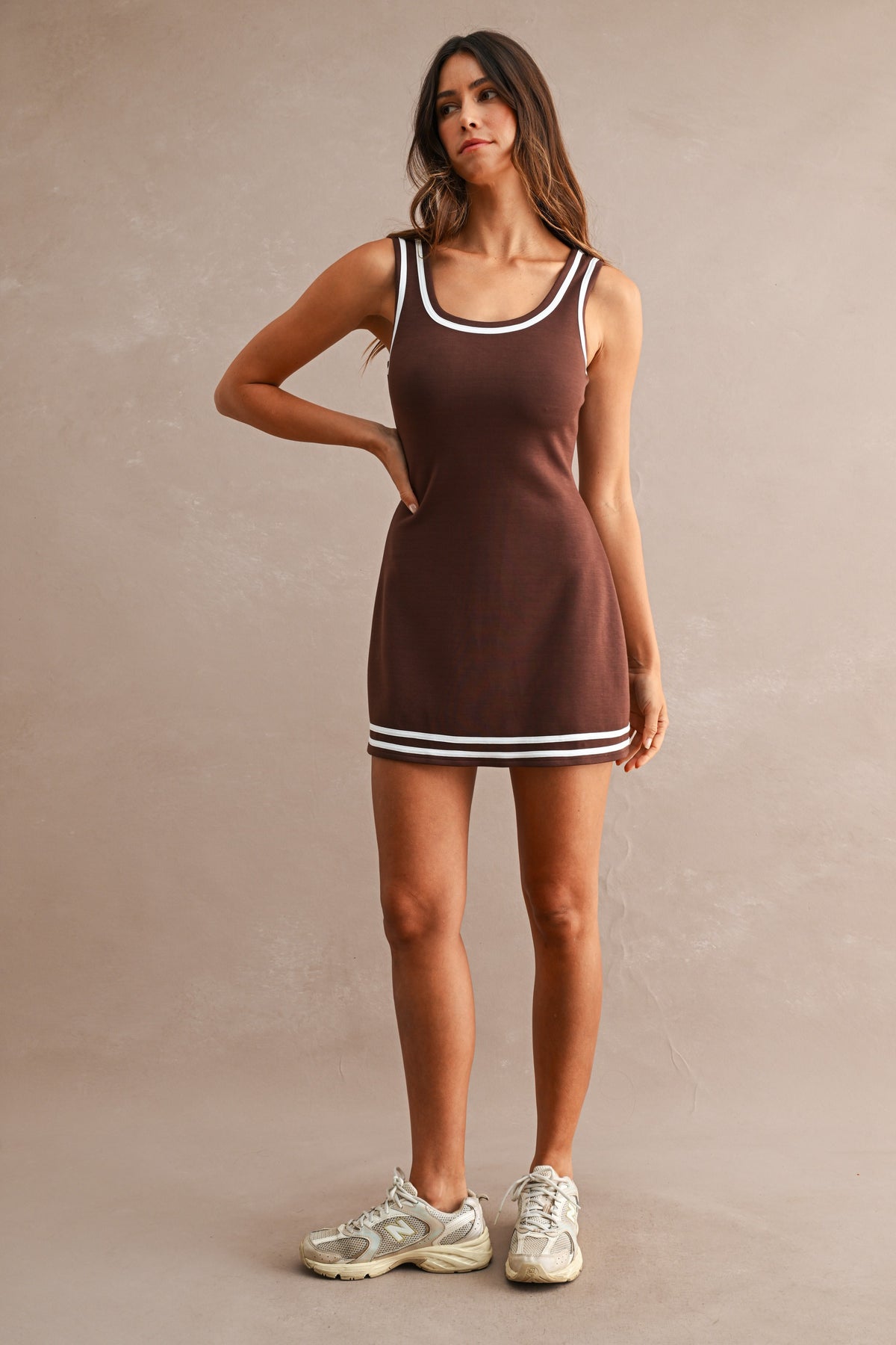 SCUBA CONTRAST TRIM DRESS W/ SHORTS--CHOCO BROWN