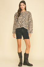 LEOPARD PUFF SLEEVE KNIT SWEATER