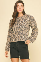 LEOPARD PUFF SLEEVE KNIT SWEATER