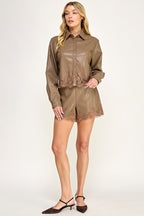 LACE TRIM FAUX LEATHER SHORTS--CAPPUCCINO