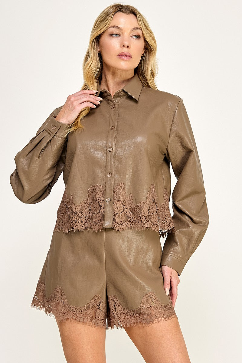LACE TRIM FAUX LEATHER SHORTS--CAPPUCCINO