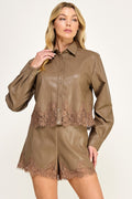 LACE TRIM FAUX LEATHER SHORTS--CAPPUCCINO