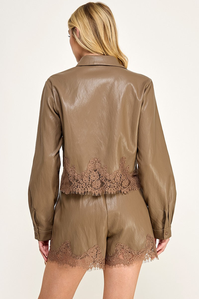 LACE TRIM FAUX LEATHER SHORTS--CAPPUCCINO