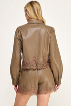 LACE TRIM FAUX LEATHER SHORTS--CAPPUCCINO