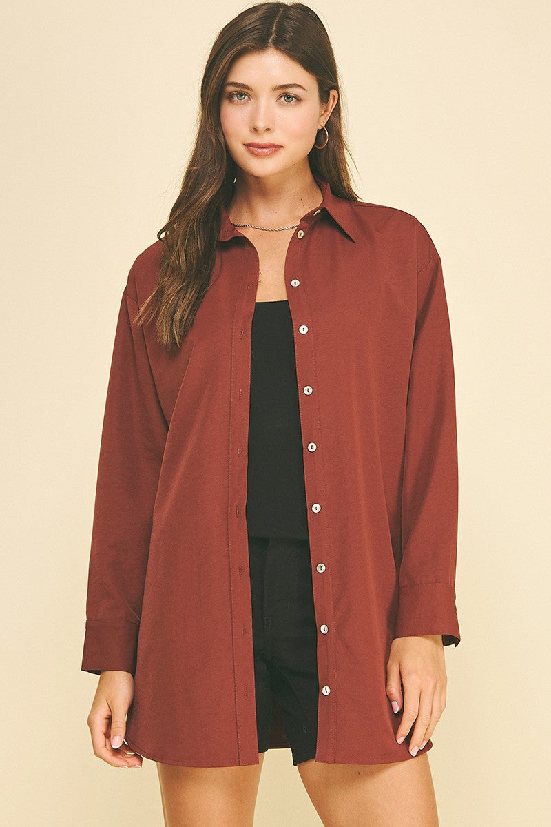CLASSIC COLLARED LONGLINE SHIRT--RED BROWN