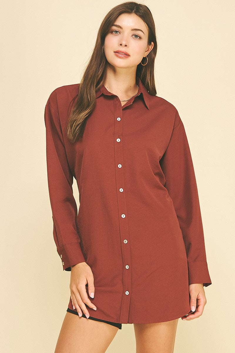 CLASSIC COLLARED LONGLINE SHIRT--RED BROWN