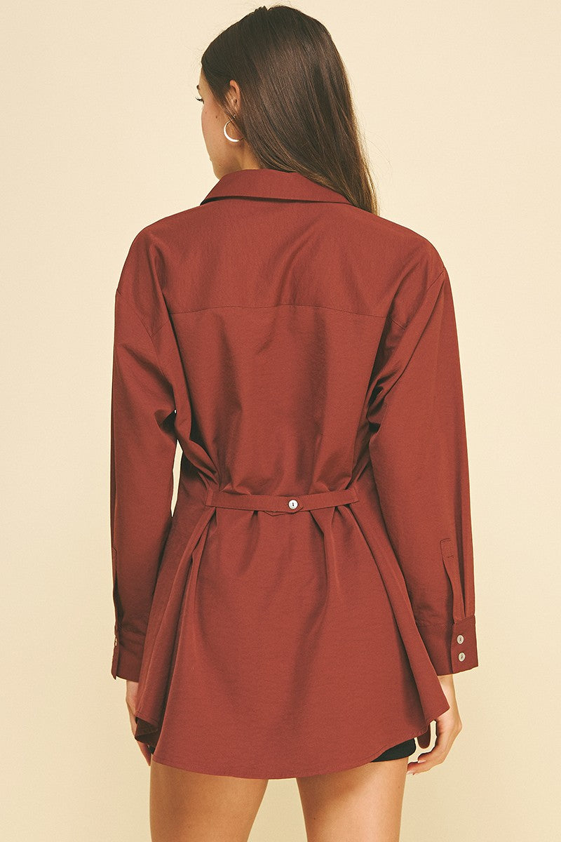 CLASSIC COLLARED LONGLINE SHIRT--RED BROWN