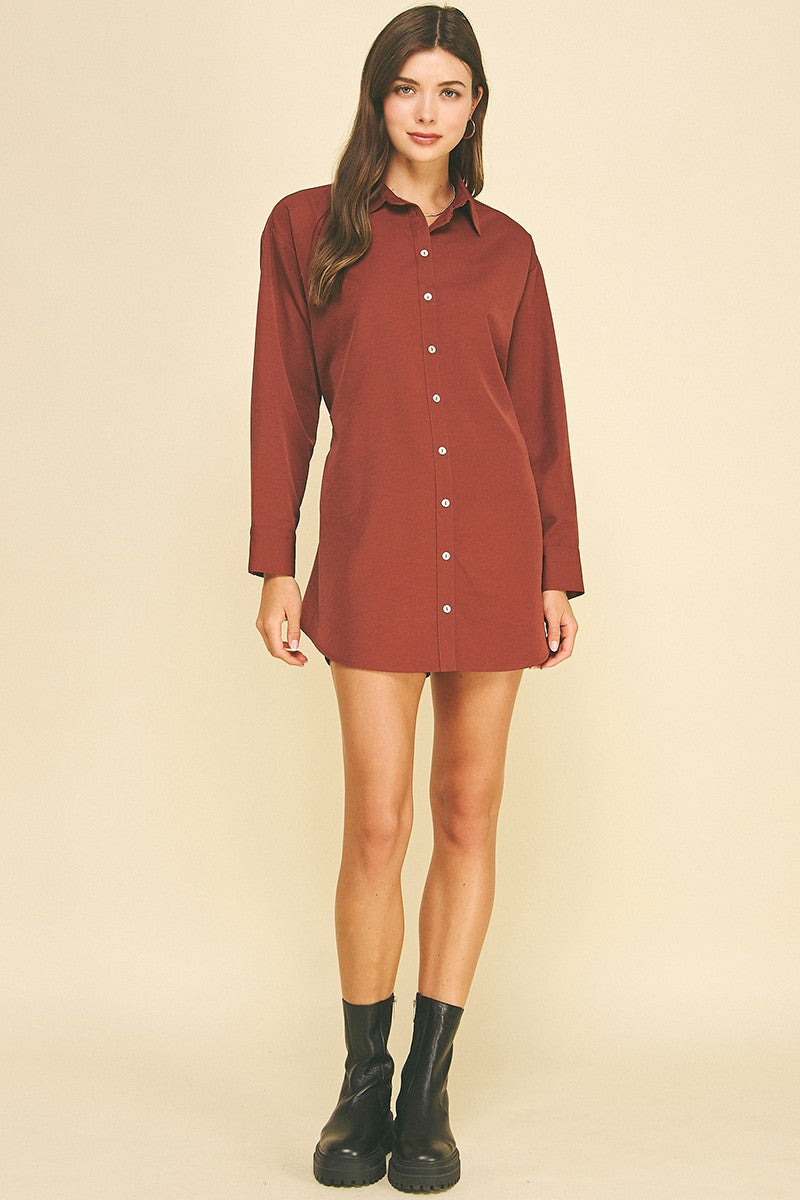CLASSIC COLLARED LONGLINE SHIRT--RED BROWN