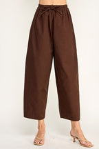 DRAWSTRING BARREL PANTS--CHOCOLATE