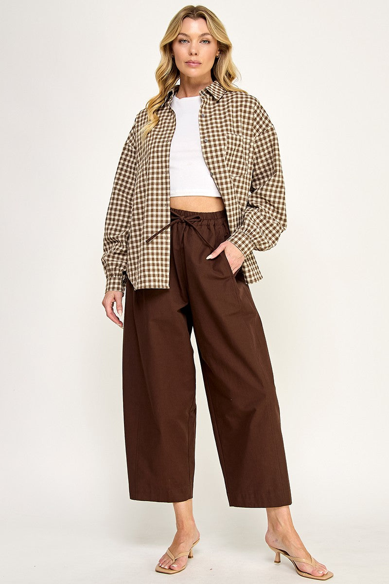 DRAWSTRING BARREL PANTS--CHOCOLATE