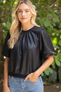 FAUX LEATHER PUFF SLEEVE TOP--BLACK