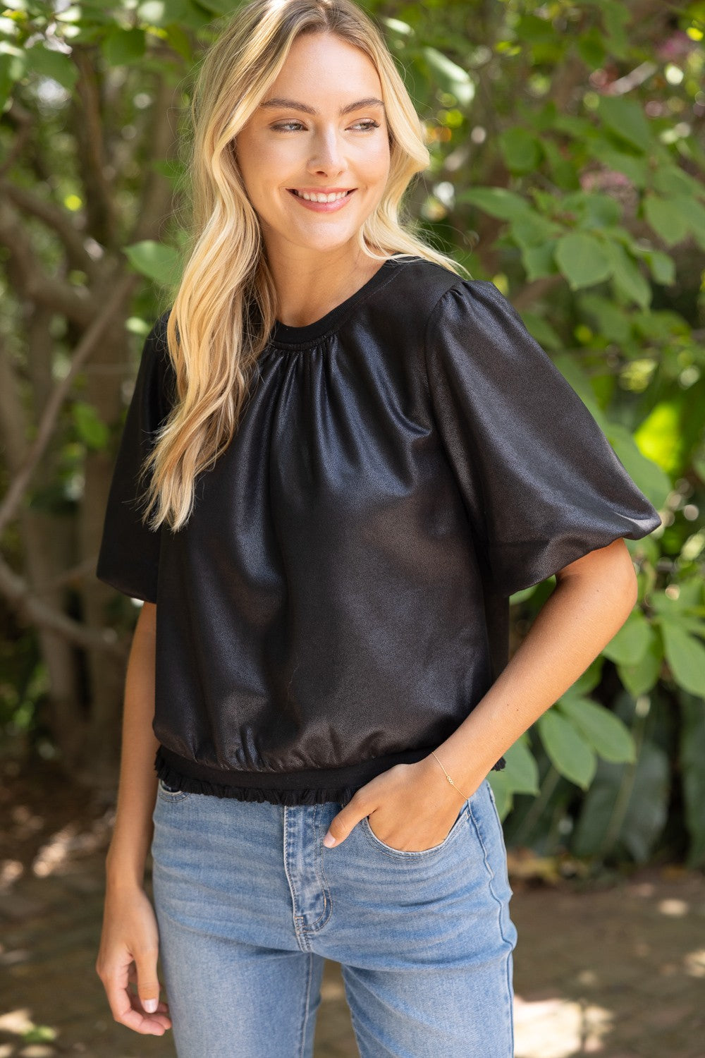 FAUX LEATHER PUFF SLEEVE TOP--BLACK