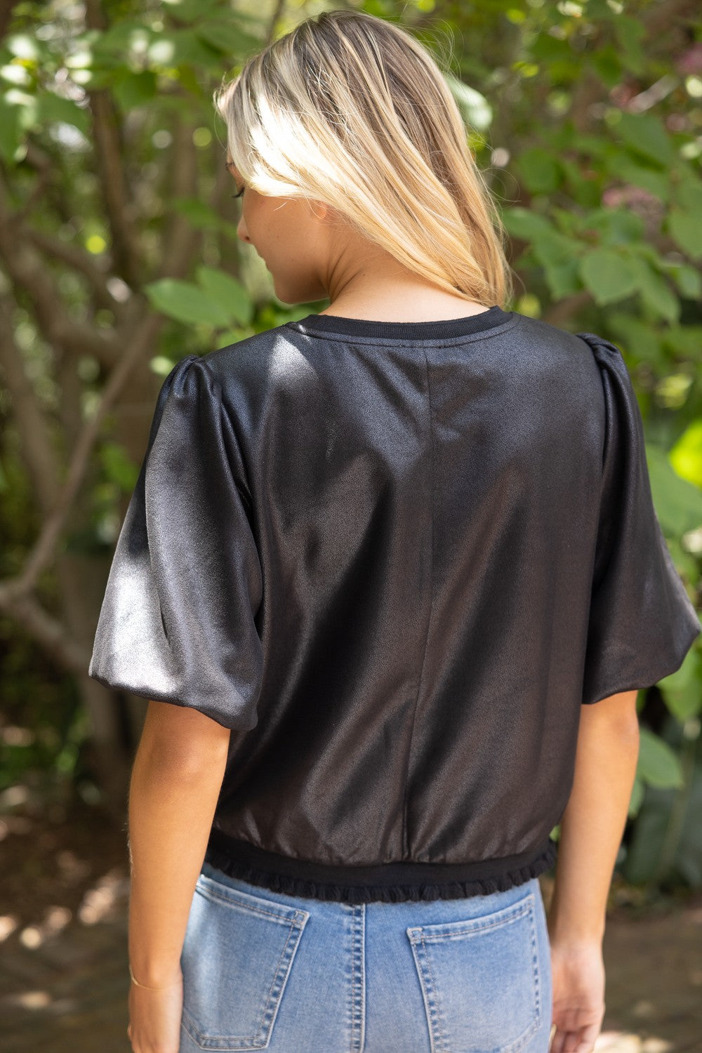 FAUX LEATHER PUFF SLEEVE TOP--BLACK