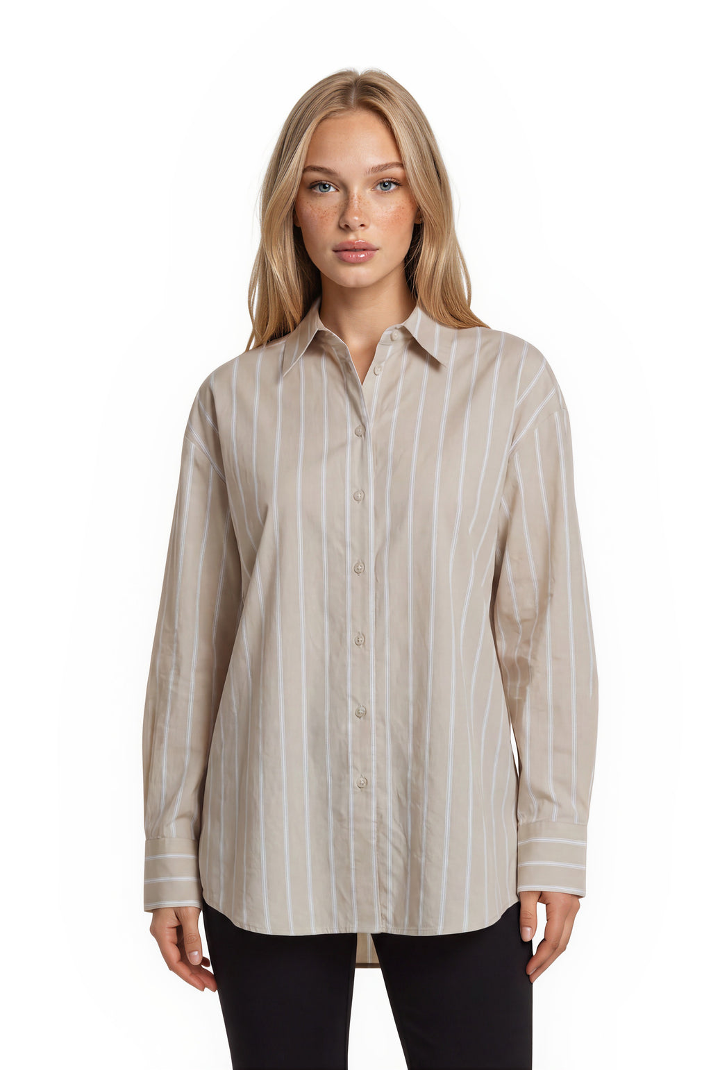 STRIPE OVERSIZED LS SHIRT--KHAKI