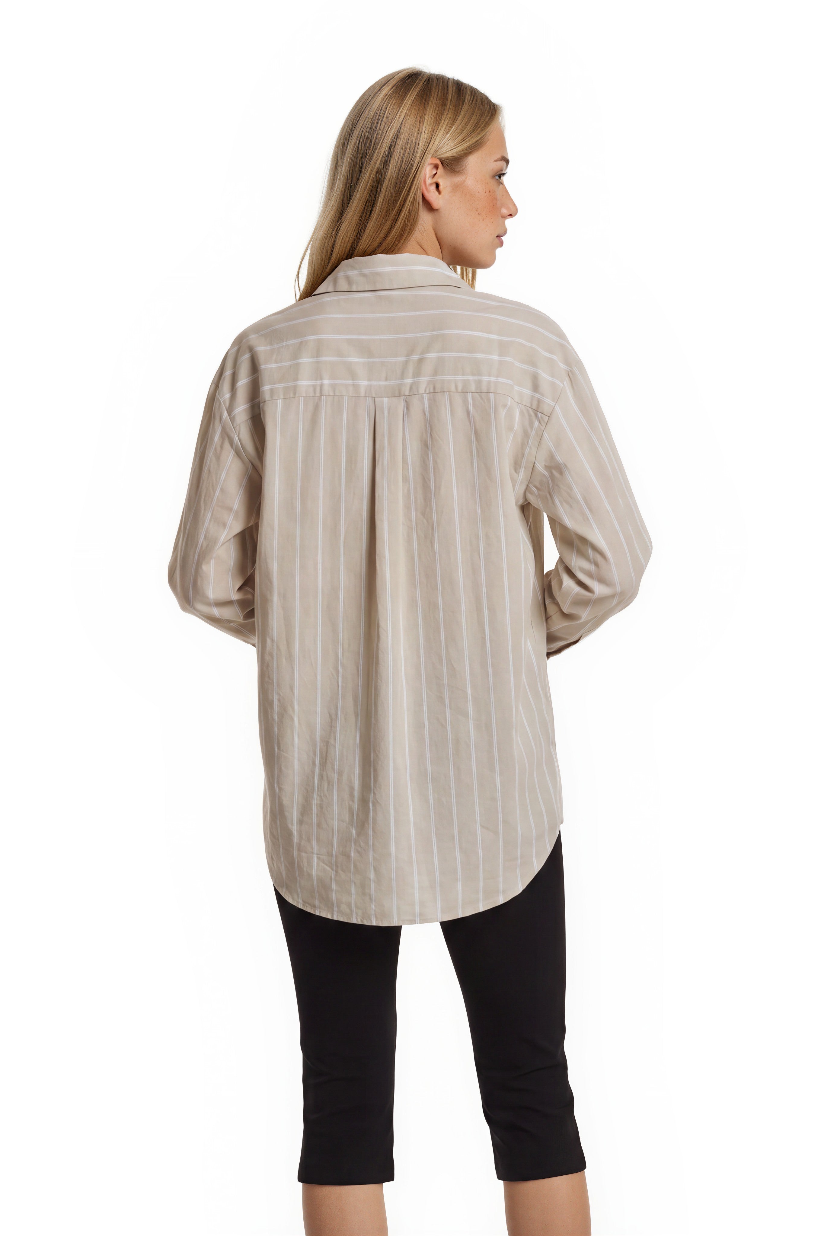 STRIPE OVERSIZED LS SHIRT--KHAKI