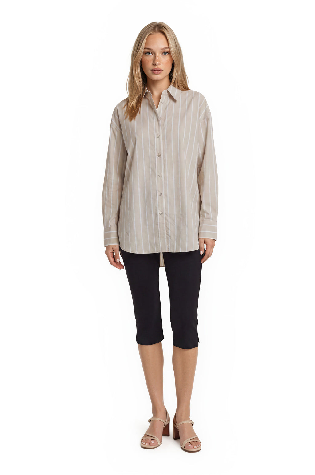STRIPE OVERSIZED LS SHIRT--KHAKI