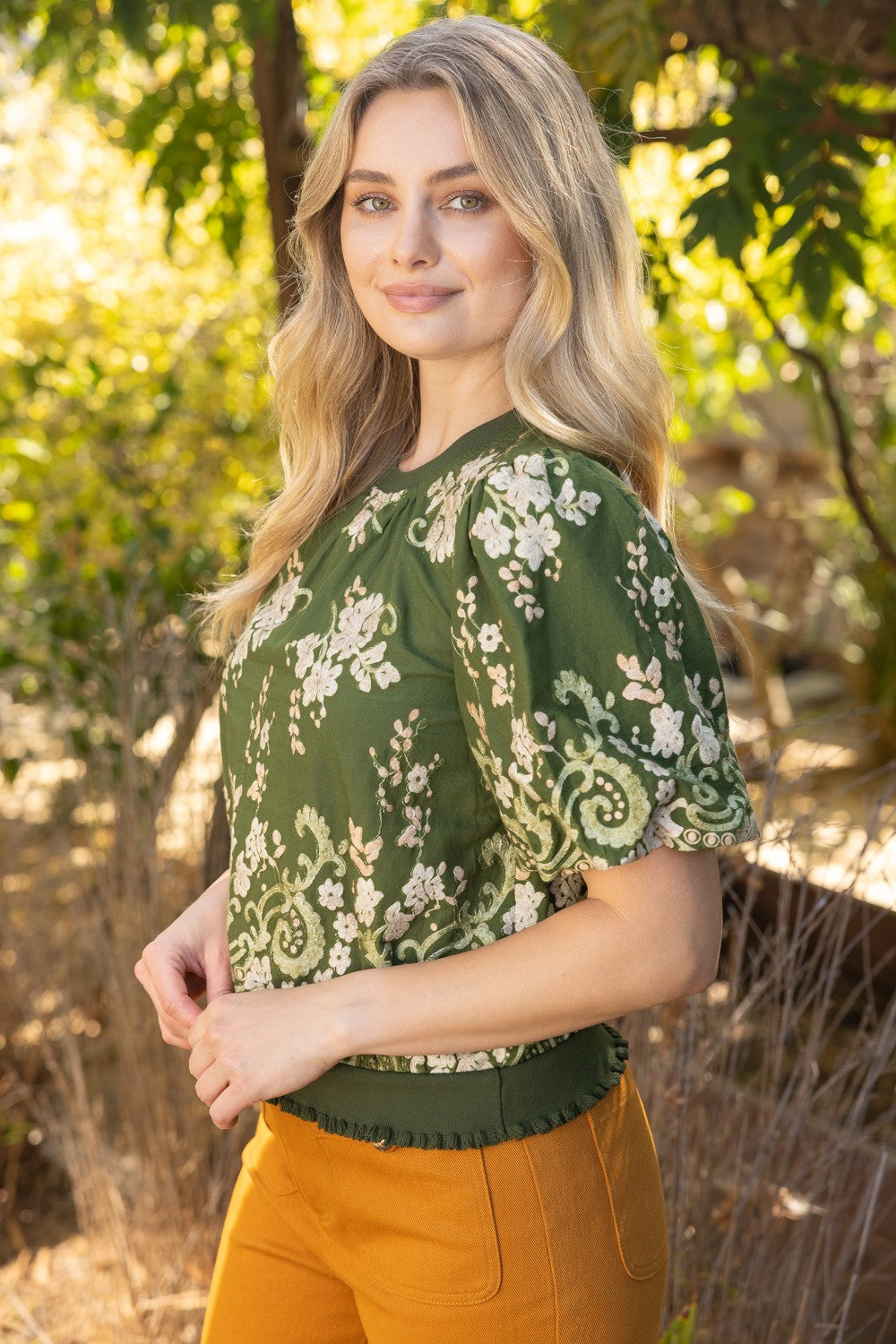 FLORAL EMBROIDERED BOARDER TOP--OLIVE