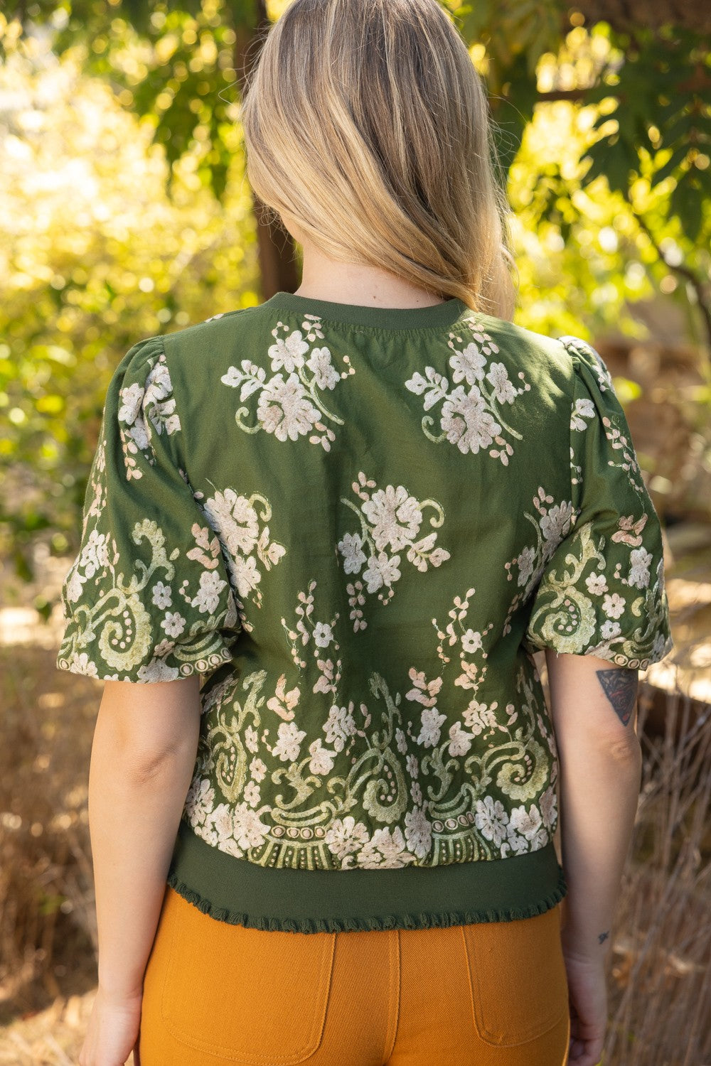 FLORAL EMBROIDERED BOARDER TOP--OLIVE