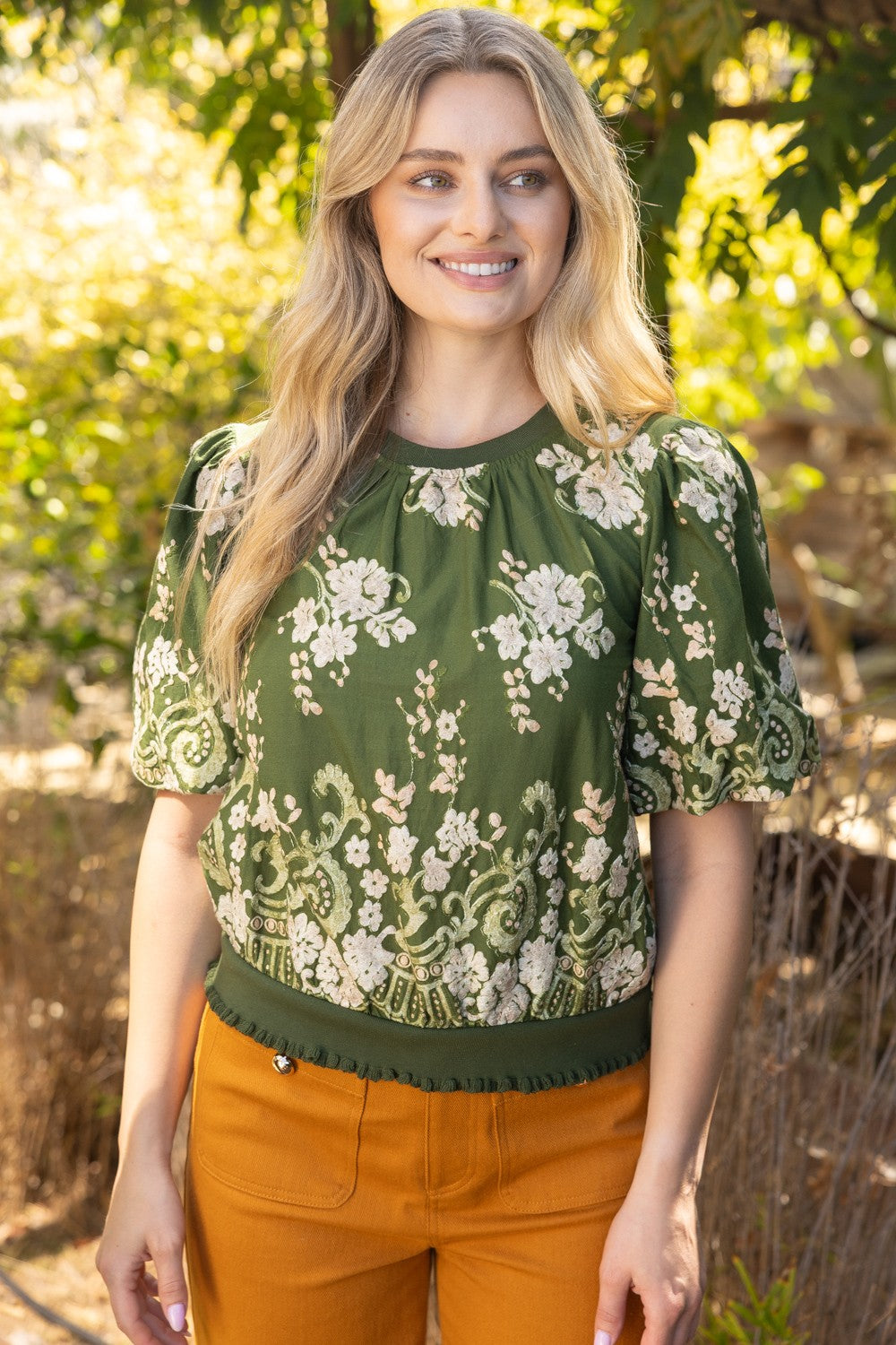 FLORAL EMBROIDERED BOARDER TOP--OLIVE
