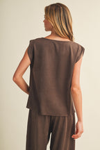 FAUX SUEDE COWL NECK SLEEVELESS TOP--BROWN