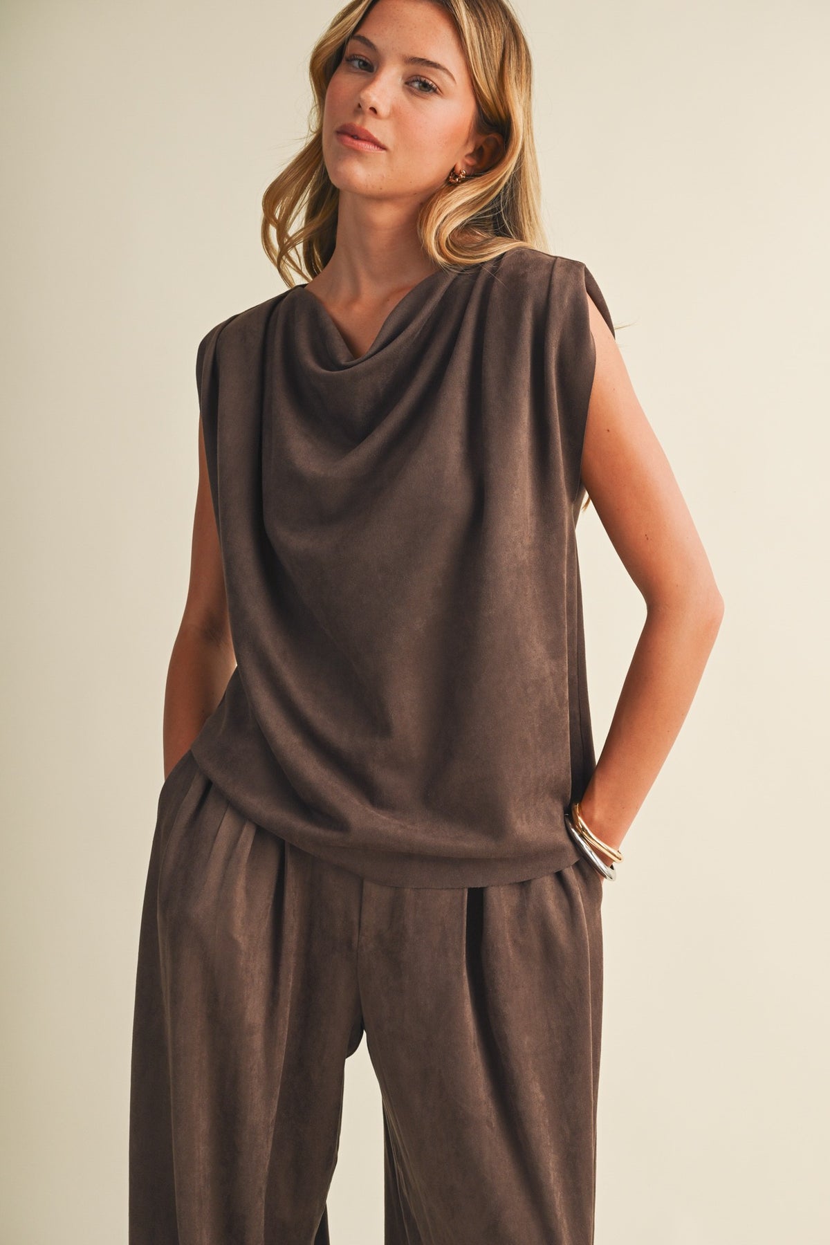 FAUX SUEDE COWL NECK SLEEVELESS TOP--BROWN