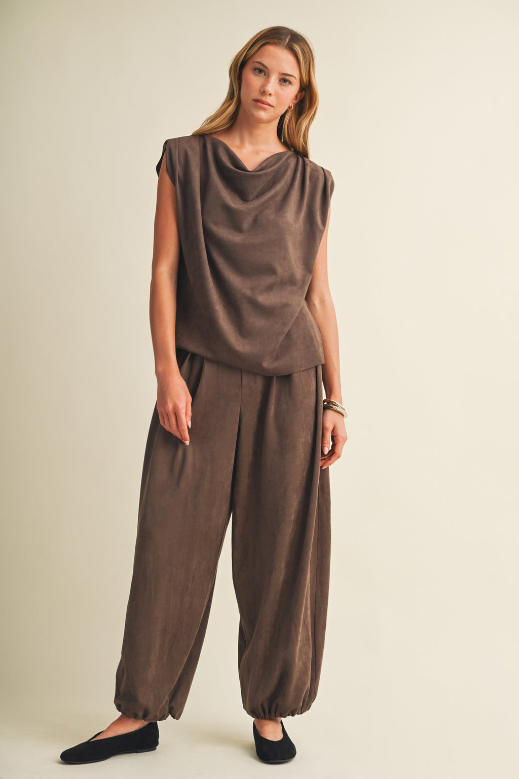FAUX SUEDE COWL NECK SLEEVELESS TOP--BROWN