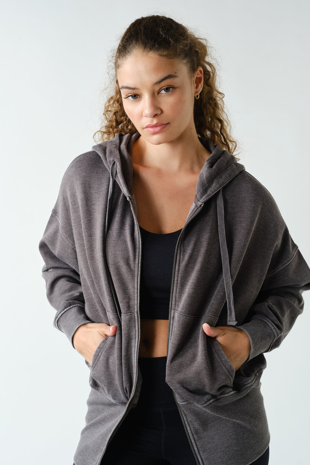 FLEECE ACTIVE HOODED JACKET--BLACK