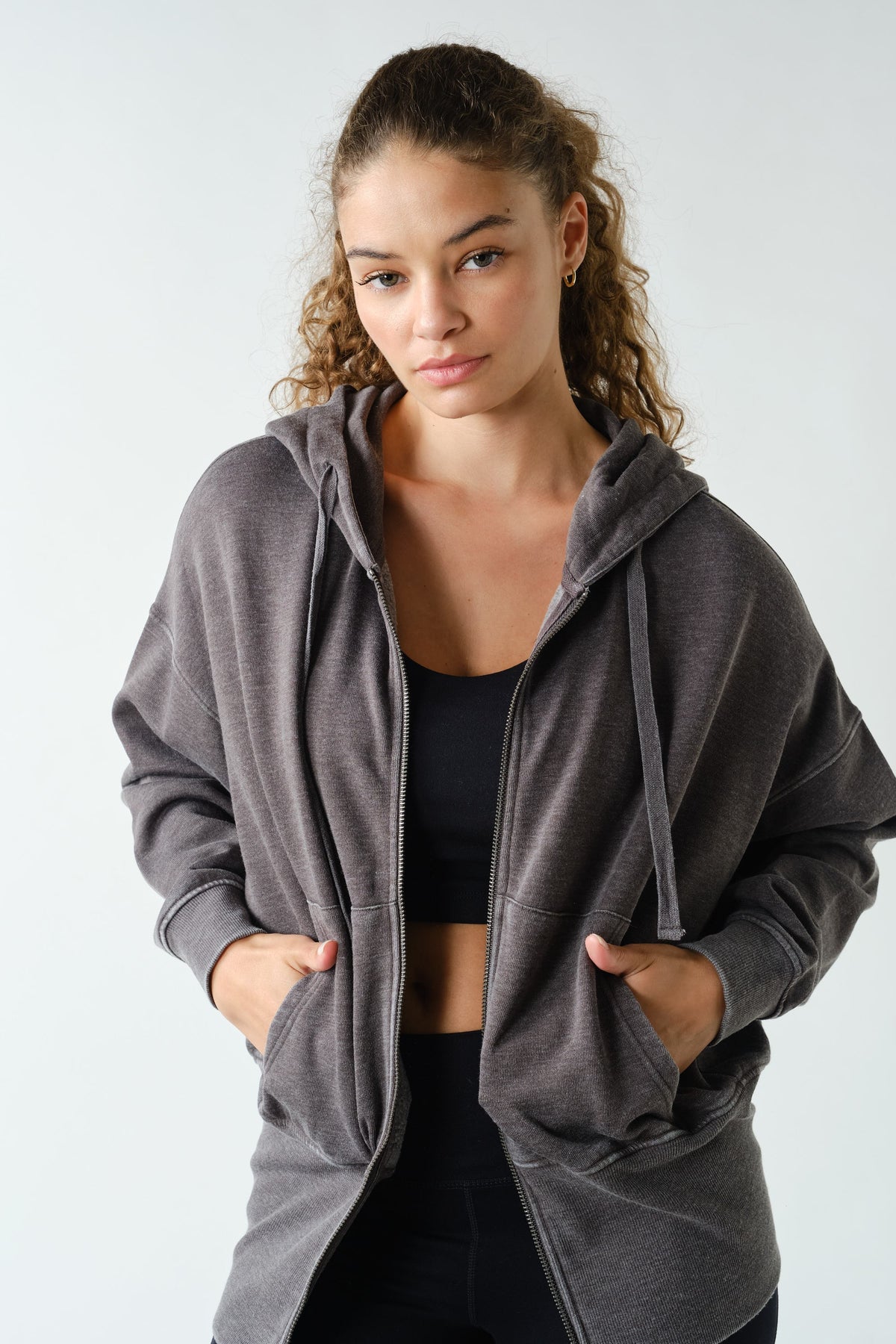 FLEECE ACTIVE HOODED JACKET--BLACK