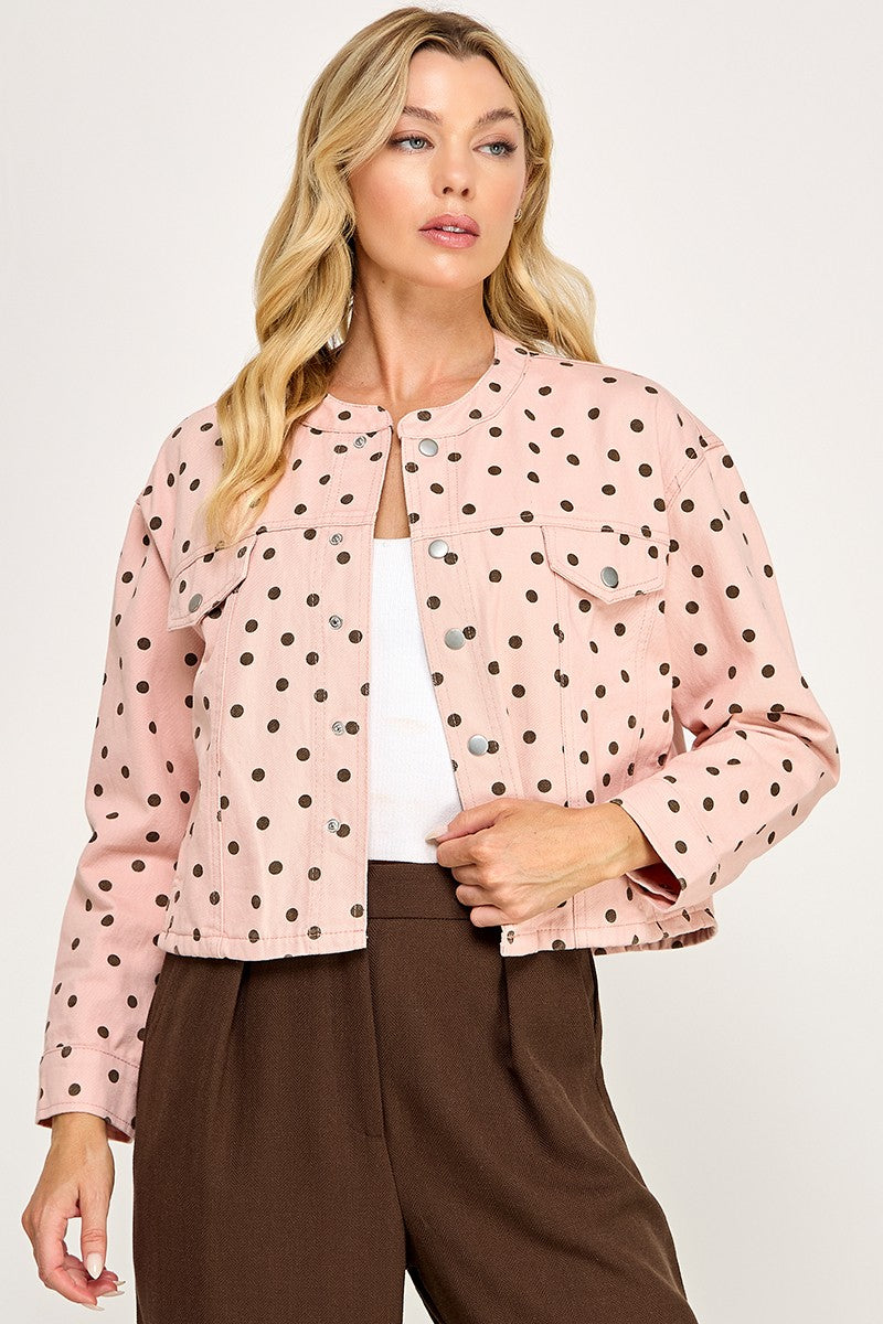 POLKA DOT DENIM JACKET--PINK/BROWN