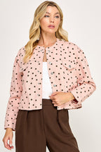 POLKA DOT DENIM JACKET--PINK/BROWN