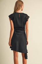 LACE SLEEVE RUCHED WAIST DRESS--BLACK